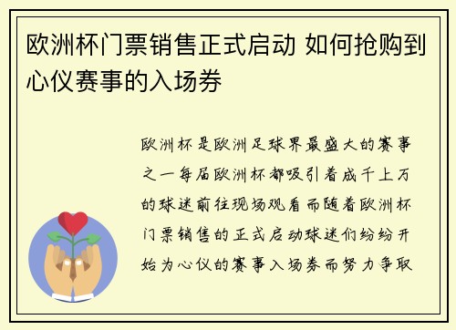 欧洲杯门票销售正式启动 如何抢购到心仪赛事的入场券