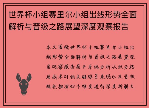 世界杯小组赛里尔小组出线形势全面解析与晋级之路展望深度观察报告 世界杯小组赛里尔小组出线形势全面解析与晋级之路展望深度观察报告