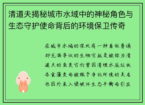 清道夫揭秘城市水域中的神秘角色与生态守护使命背后的环境保卫传奇 清道夫揭秘城市水域中的神秘角色与生态守护使命背后的环境保卫传奇